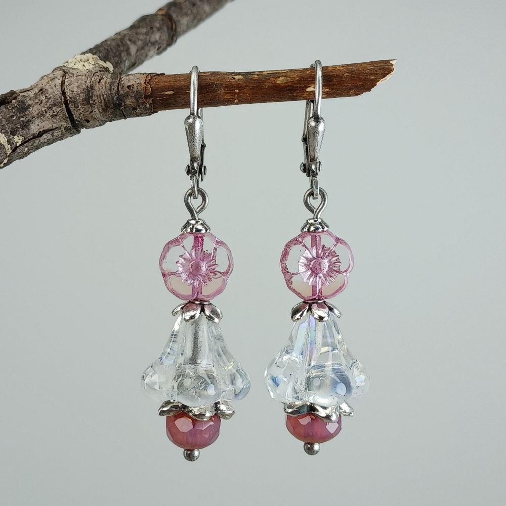 Pink Czech Glass Flower Earrings Spring Blossom Cottage Garden Hand Crafted - Picture 4 of 6